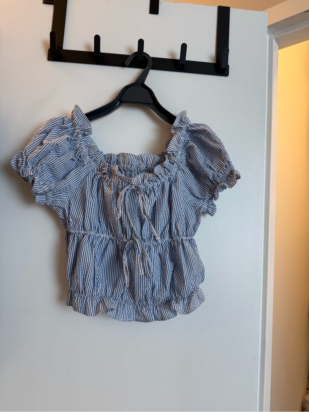 Blue and White Striped Off-Shoulder Crop Top
